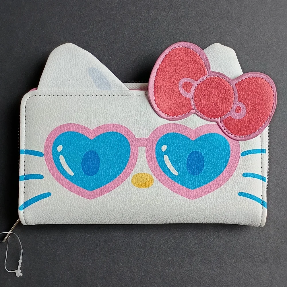 Hello Kitty Kids Adults White Wallet with Pink Bow and Blue Heart Sunglasses